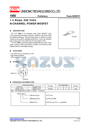 1N50G-TA3-T datasheet - 1.3 Amps, 500 Volts N-CHANNEL POWER MOSFET