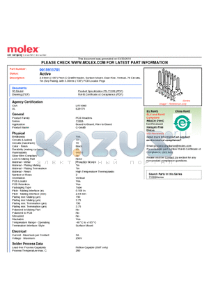 015-91-1701 datasheet - 2.54mm (.100) Pitch C-Grid^ Header, Surface Mount, Dual Row, Vertical, 70 Circuits, Tin (Sn) Plating, with 3.30mm (.130) PCB Locator Pegs