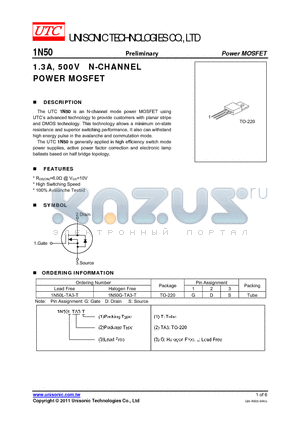 1N50G-TA3-T datasheet - 1.3A, 500V N-CHANNEL POWER MOSFET