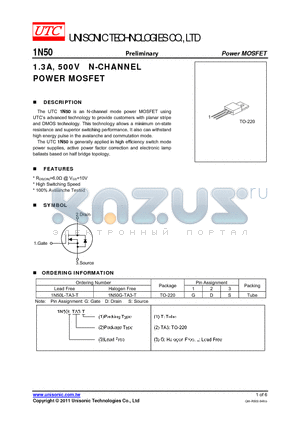 1N50L-TA3-T datasheet - 1.3A, 500V N-CHANNEL POWER MOSFET