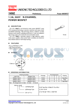 1N50ZG-T92-B datasheet - 1.3A, 500V N-CHANNEL POWER MOSFET