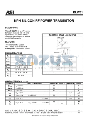 BLW31 datasheet - NPN SILICON RF POWER TRANSISTOR