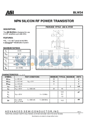BLW34 datasheet - NPN SILICON RF POWER TRANSISTOR