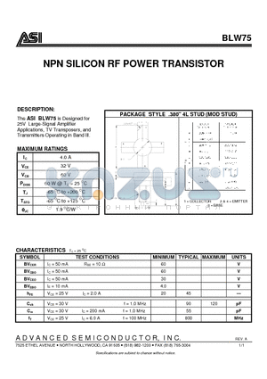BLW75 datasheet - NPN SILICON RF POWER TRANSISTOR