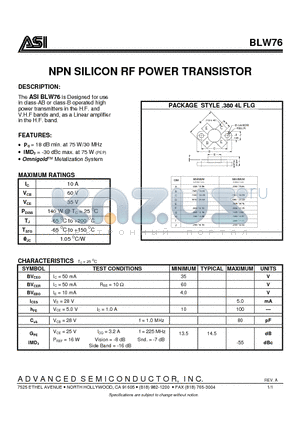 BLW76 datasheet - NPN SILICON RF POWER TRANSISTOR