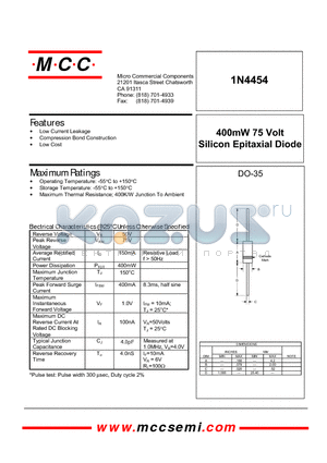 1N4454 datasheet - 400mW 75 Volt Silicon Epitaxial Diode
