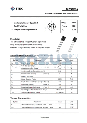 BLV1N60A datasheet - N-channel Enhancement Mode Power MOSFET