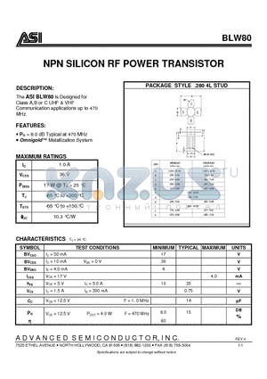 BLW80 datasheet - NPN SILICON RF POWER TRANSISTOR