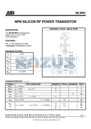 BLW81 datasheet - NPN SILICON RF POWER TRANSISTOR
