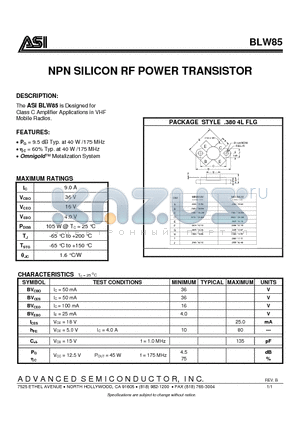 BLW85 datasheet - NPN SILICON RF POWER TRANSISTOR