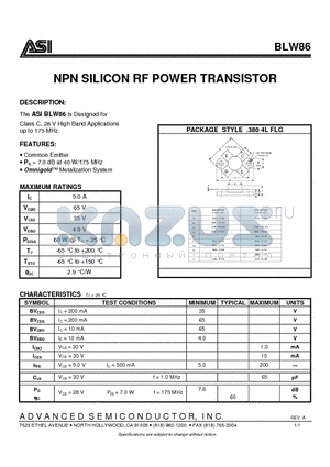 BLW86 datasheet - NPN SILICON RF POWER TRANSISTOR