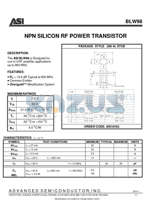 BLW98 datasheet - NPN SILICON RF POWER TRANSISTOR