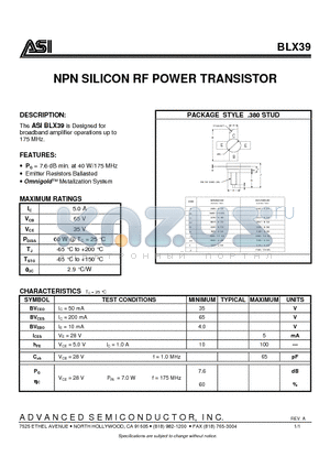 BLX39 datasheet - NPN SILICON RF POWER TRANSISTOR