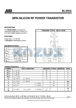 BLX92A datasheet - NPN SILICON RF POWER TRANSISTOR