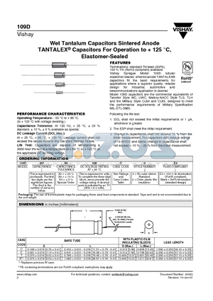 109D datasheet - Wet Tantalum Capacitors Sintered Anode TANTALEX^ Capacitors For Operation to  125 `C, Elastomer-Sealed