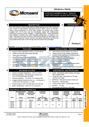 1N5190 datasheet - VOIDLESS-HERMETICALLY SEALED FAST RECOVERY GLASS RECTIFIERS