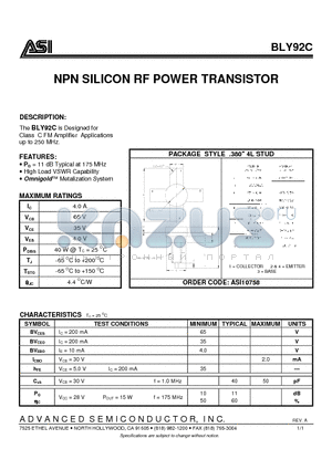 BLY92C datasheet - NPN SILICON RF POWER TRANSISTOR