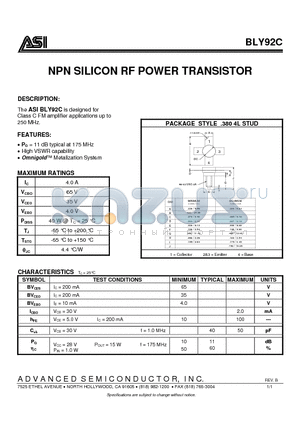 BLY92C datasheet - NPN SILICON RF POWER TRANSISTOR