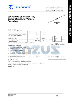 1N5221B datasheet - 500 mW DO-35 Hermetically Sealed Glass Zener Voltage Regulators