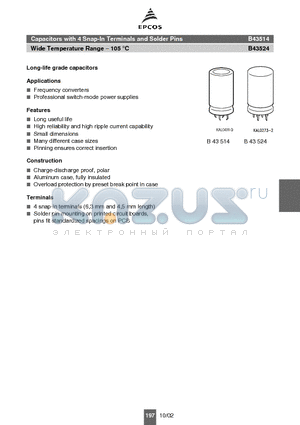 B43514C9827M000 datasheet - Capacitors with 4 Snap-In Terminals and Solder Pins