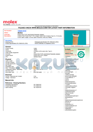 0150200161 datasheet - 0.50mm Pitch Premo-Flex FFC Jumper, Same Side Contacts (Type A), 16 Circuits,