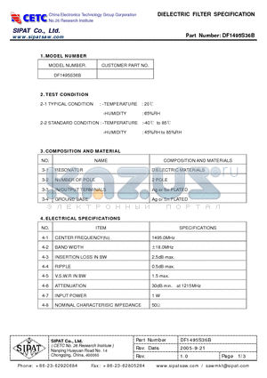 DF1495S36B datasheet - DIELECTRIC FILTER SPECIFICATION