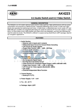 AK4223 datasheet - 6:2 Audio Switch and 6:2 Video Switch