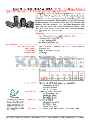 381LX393M010A022 datasheet - 105 C High-Ripple Snap-In