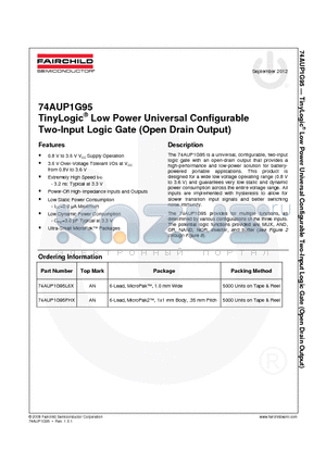 74AUP1G95FHX datasheet - TinyLogic^ Low Power Universal Configurable Two-Input Logic Gate (Open Drain Output)