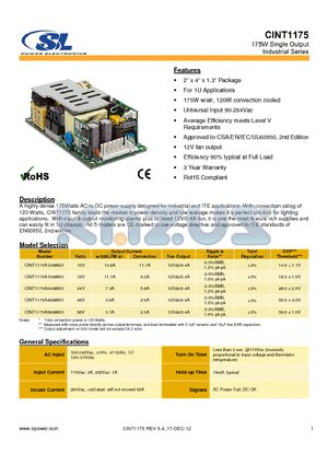 CINT1175A1206K01 datasheet - A highly dense 175Watts AC to DC power supply designed for industrial and ITE applications.