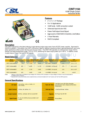 CINT1150A1206K01 datasheet - The CINT1150 family is the latest offering in high density single output open-frame AC/DC power supplies.