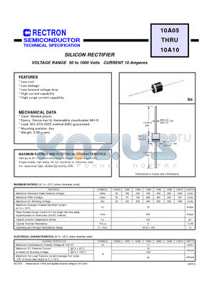 10A05 datasheet - SILICON RECTIFIER VOLTAGE RANGE 50 to 1000 Volts CURRENT 10 Amperes
