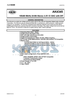 AK4345_10 datasheet - 100dB 96kHz 24-Bit Stereo 3.3V DS DAC with DIT