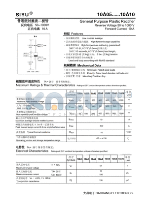 10A1 datasheet - General Purpose Plastic Rectifier Reverse Voltage 50 to 1000 V Forward Current 10 A