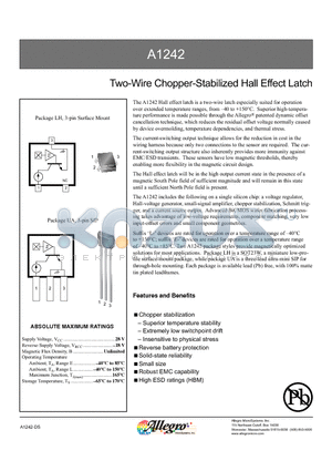 A1242EUA-I1-T datasheet - Two-Wire Chopper-Stabilized Hall Effect Latch