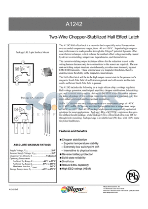 A1242EUA-I2-T datasheet - Two-Wire Chopper-Stabilized Hall Effect Latch
