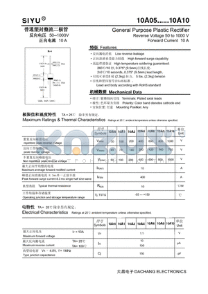 10A10 datasheet - General Purpose Plastic Rectifier Reverse Voltage 50 to 1000 V Forward Current 10 A