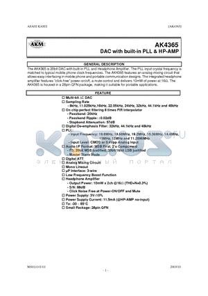 AK4365 datasheet - DAC with built-in PLL & HP-AMP