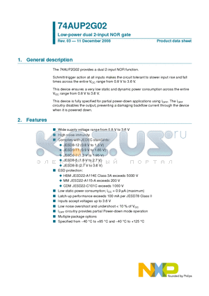 74AUP2G02DC datasheet - Low-power dual 2-input NOR gate