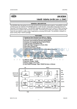 AK4384 datasheet - 106dB 192kHz 24-Bit 2ch DAC