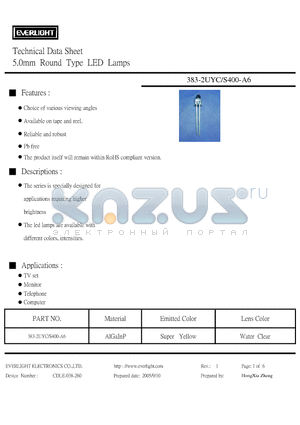 383-2UYC-S400-A6 datasheet - Technical Data Sheet 5.0mm Round Type LED Lamps