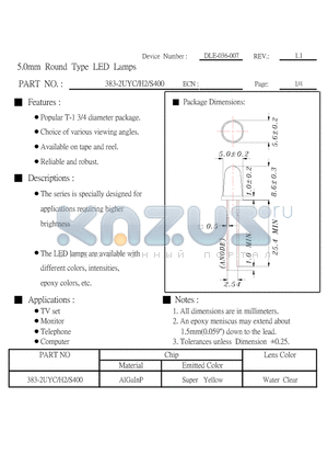 383-2UYC/H2/S400 datasheet - 5.0mm Round Type LED Lamps