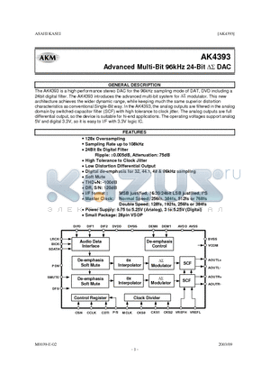 AK4393VF datasheet - Advanced Multi-Bit 96kHz 24-Bit DS DAC