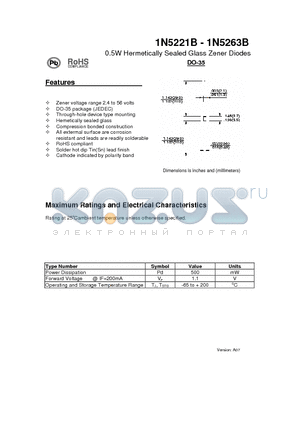 1N5230B datasheet - 0.5W Hermetically Sealed Glass Zener Diodes