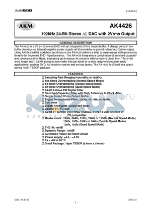 AK4426 datasheet - 192kHz 24-Bit Stereo DS DAC with 2Vrms Output