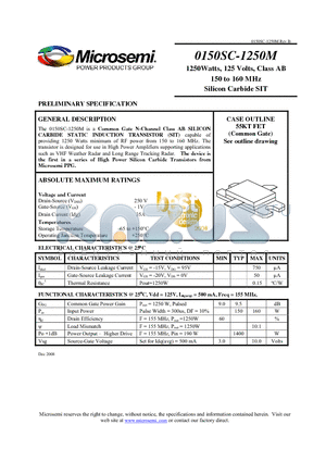 0150SC-1250M datasheet - 1250Watts, 125 Volts, Class AB 150 to 160 MHz Silicon Carbide SIT