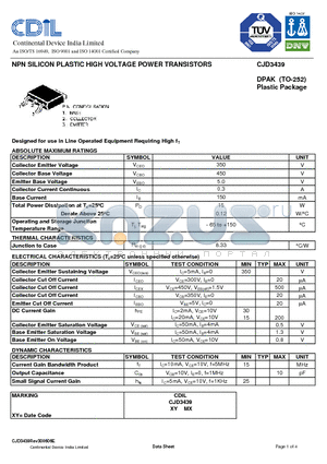 CJD3439 datasheet - NPN SILICON PLASTIC HIGH VOLTAGE POWER TRANSISTORS