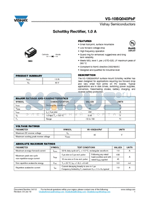10BQ040TRPBF datasheet - Schottky Rectifier, 1.0 A