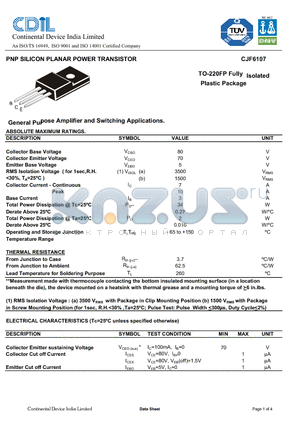 CJF6107 datasheet - PNP SILICON PLANAR POWER TRANSISTOR