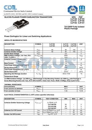 CJF107 datasheet - SILICON PLANAR POWER DARLINGTON TRANSISTORS